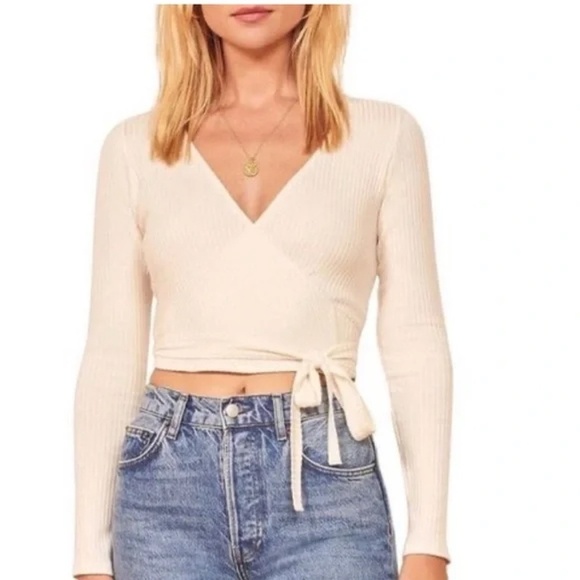 REFORMATION JEANS | Petalo Ribbed Wrap Ballet Crop Top in Cream | Size Large - Picture 3 of 10